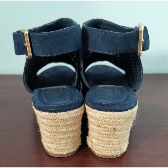 Liz Claiborne Suede Espadrille Sandals Size 9 Blue 3" Wedge Sling Back Open Toe - Picture 9 of 12